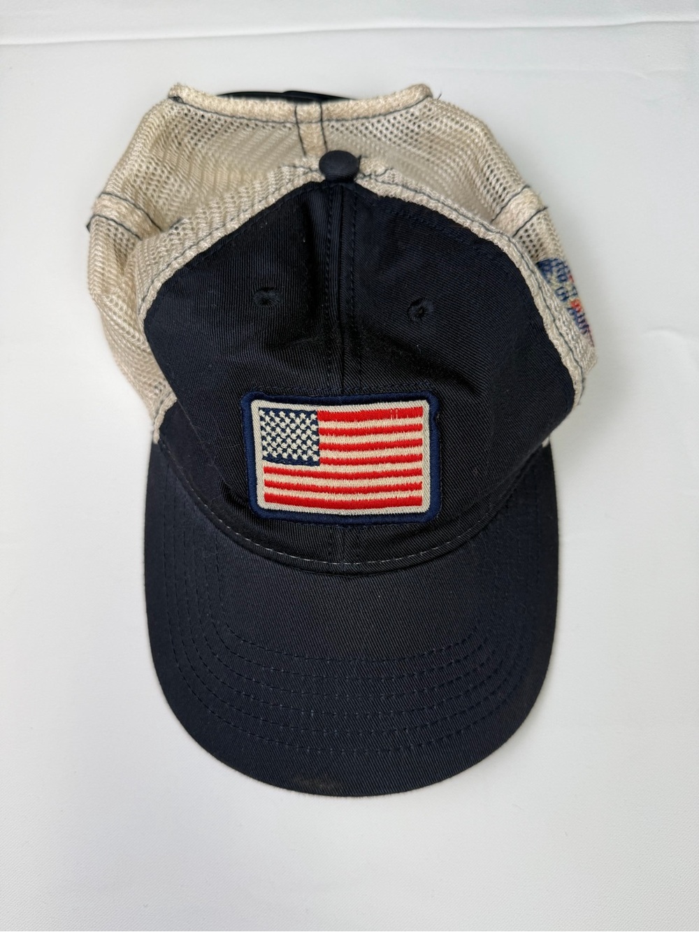 Navy Mesh White Trucker Cap with American Flag Patch and Utz Girl Power Vintage